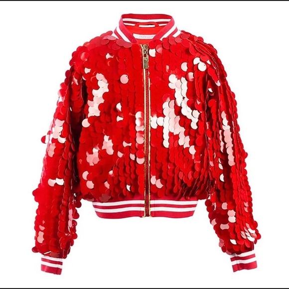 Girls Red Sequin Fish Scale Bomber jacket NWT - Picture 1 of 3